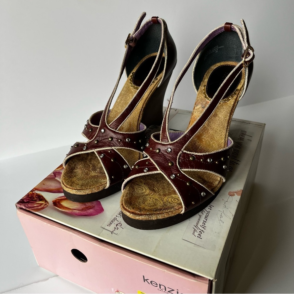 Kenzie Brown Embellished Peep Toe Wedge Heel Sandals